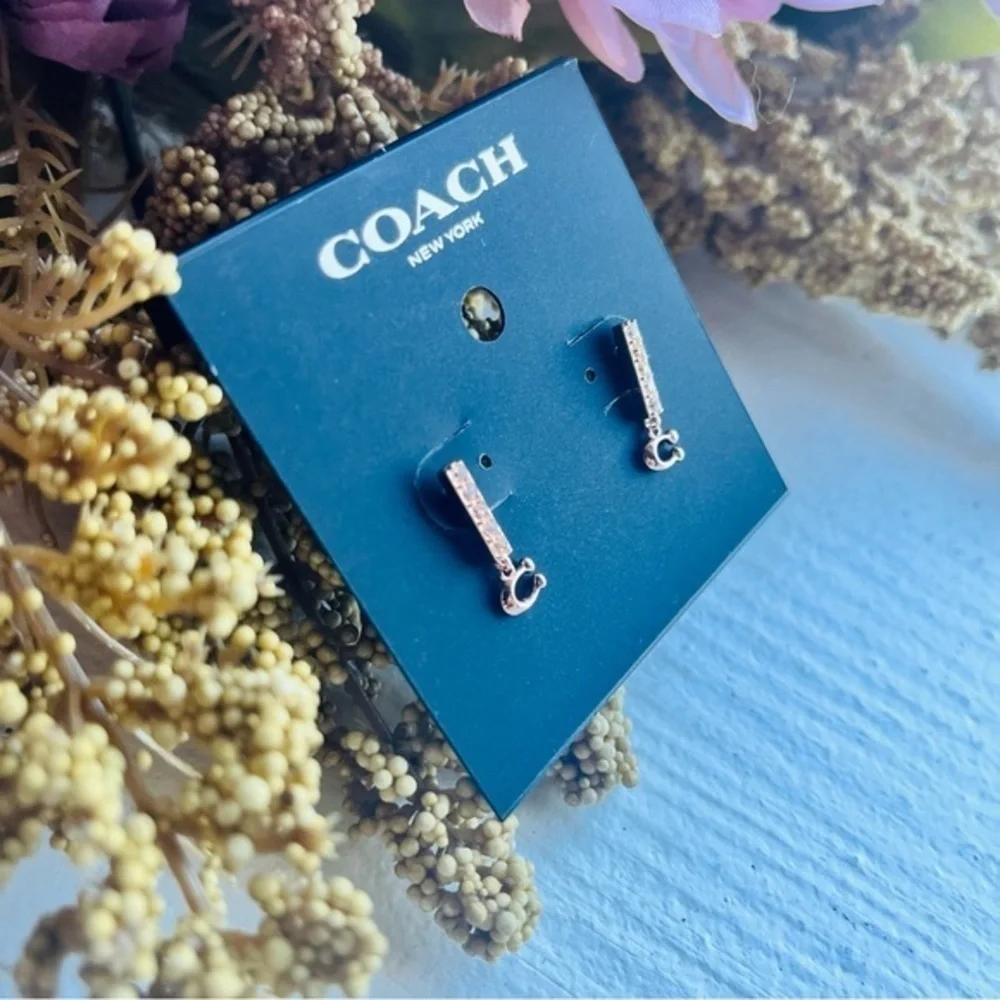 Coach Gold Crystal Logo Drop Earrings Small Dangle Huggie Style NWT - Picture 3 of 4